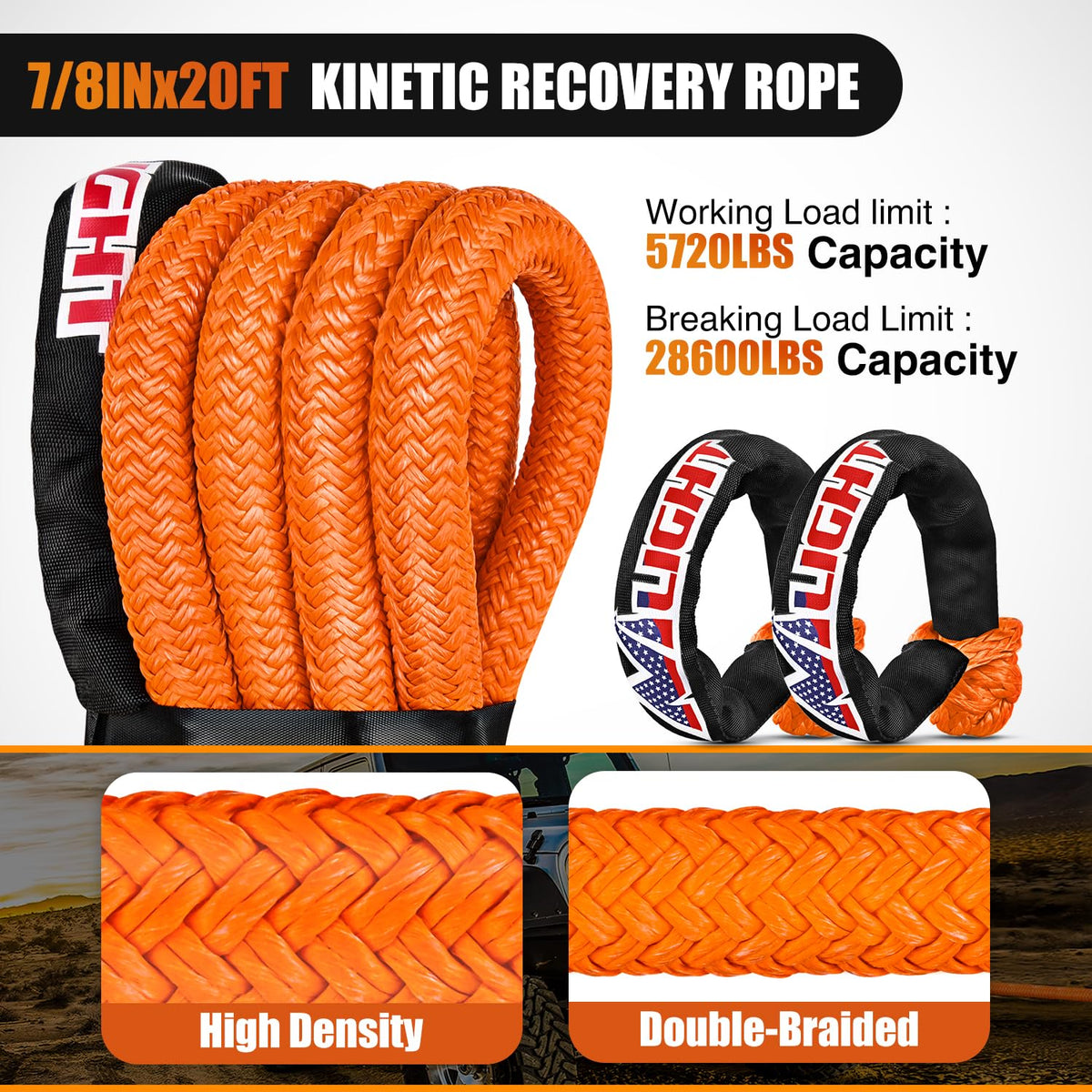Nilight Kinetic Recovery Tow Rope 7/8" x 20ft (28,600LBS) with 2 Soft Shackle 1/2" x 24" Snatch Strap Heavy Duty Offroad Towing Strap kit for UTV ATV SUV Truck Car Jeep Tractor