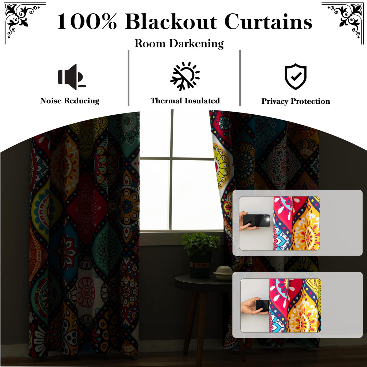 Tyrot Bohemian 100% Blackout Curtains for Bedroom 84 inch Length 2 Panels Set Boho Colorful Mandala Thermal Insulated Room Darkening Window Drapes Patterned Black Out Curtains for Living Room, 52Wx84L