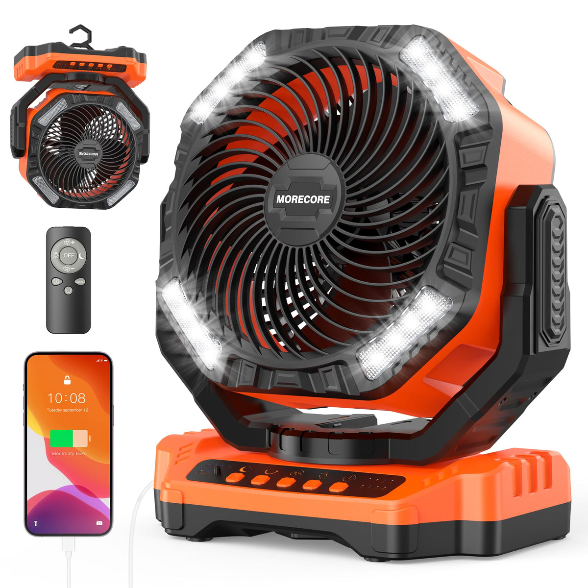 MORECORE 68HRS Running Camping Fan with Light, 20000mAh Battery Rechargeable, Powerful 4 Speeds & Auto Oscillating, with Timer & Hook, for Travel Tent RV Emergency Hurricane Jobsite Garage-Orange