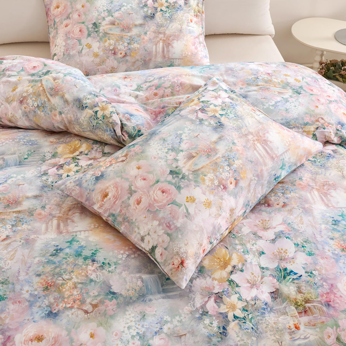 Zusbest Floral Duvet Cover King 100% Cotton, Double Brushed for Extra Soft, Luxury Pink Rose French Country Bedding Shabby-Chic Lily Comforter Cover with Zipper, Soft Breathable, 3Pc-Not Comforter