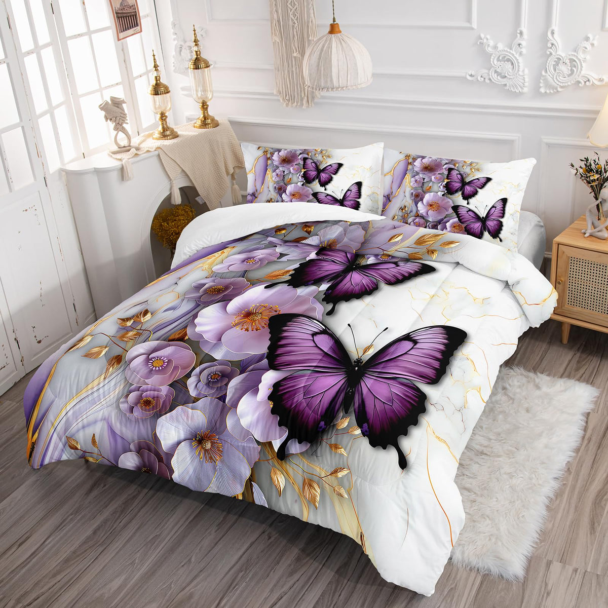 AILONEN Purple Floral Butterfly Comforter Set Twin Size,Gold White Marble Flower Bedding Set for Kids Girls Women,1 Quilt with 2 Pillowcases-3 Pieces