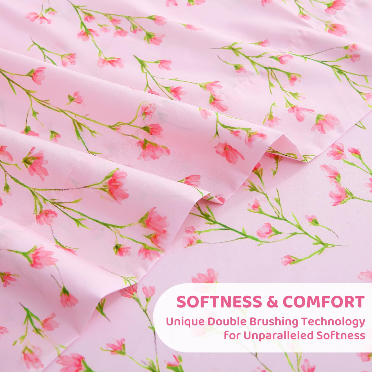 Mooreeke Cozy Floral Microfiber Printed Full Sheet Set - Soft & Breathable Pink Flowers Bed Sheets with Deep Pocket - Non-Slip Fitted Design - Pink Flowers with Green Branches Pattern - Full