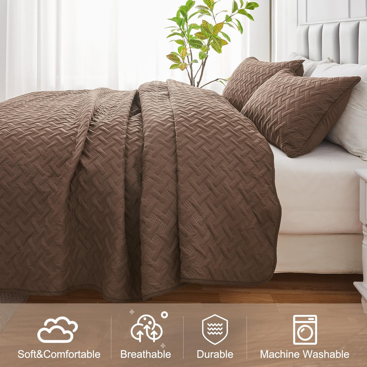 U-NICE HOME 3-Piece Quilt Set Full/Queen Size for All Season with Pillow Shams, Reversible Bedspread/Coverlet/Bedding Decor-Soft, Lightweight, Chocolate