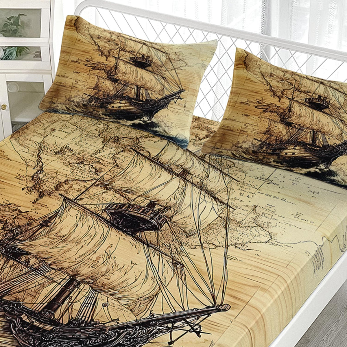 AILONEN Ocean Voyage Theme Fitted Sheet Set for Kids Girls Adult Women,Anchor Nautical Bedding Set Twin XL Size,Printed Printed Bed Sheet Set,3-Piece 1 Sheet Set + 2 Pillowcases
