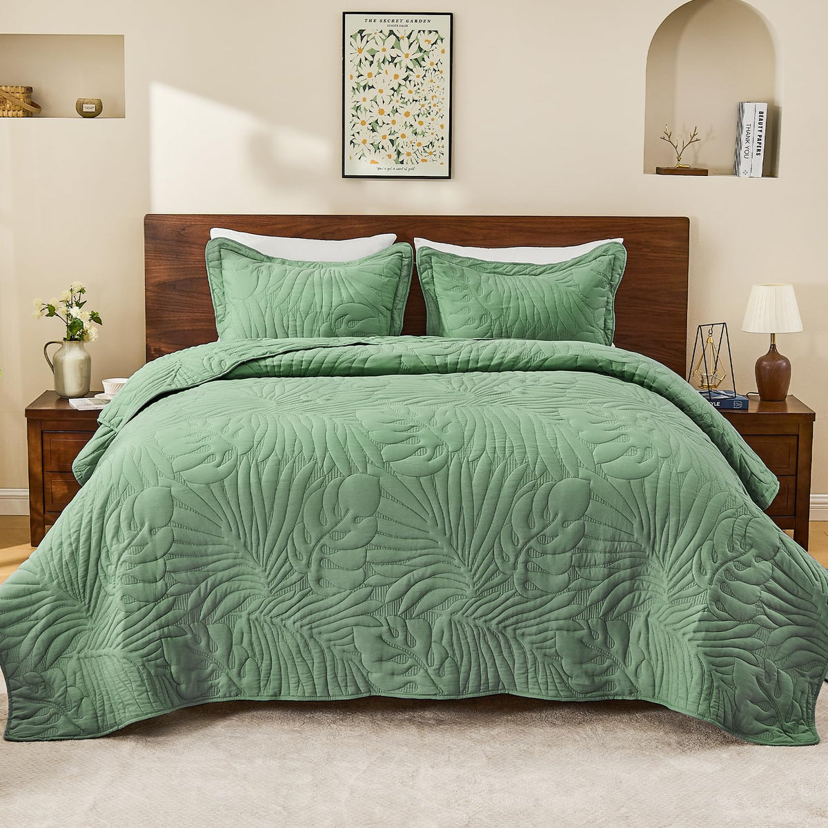 DaisyHuang Botanical Quilt Set King Size -Leaves Pattern Stitching Quilt Set - Elegant & Fresh Style Bedspread Coverlets, Ultra Soft, Reversible, Lightweight, 4 Piece with Floor Mat, Olive Green