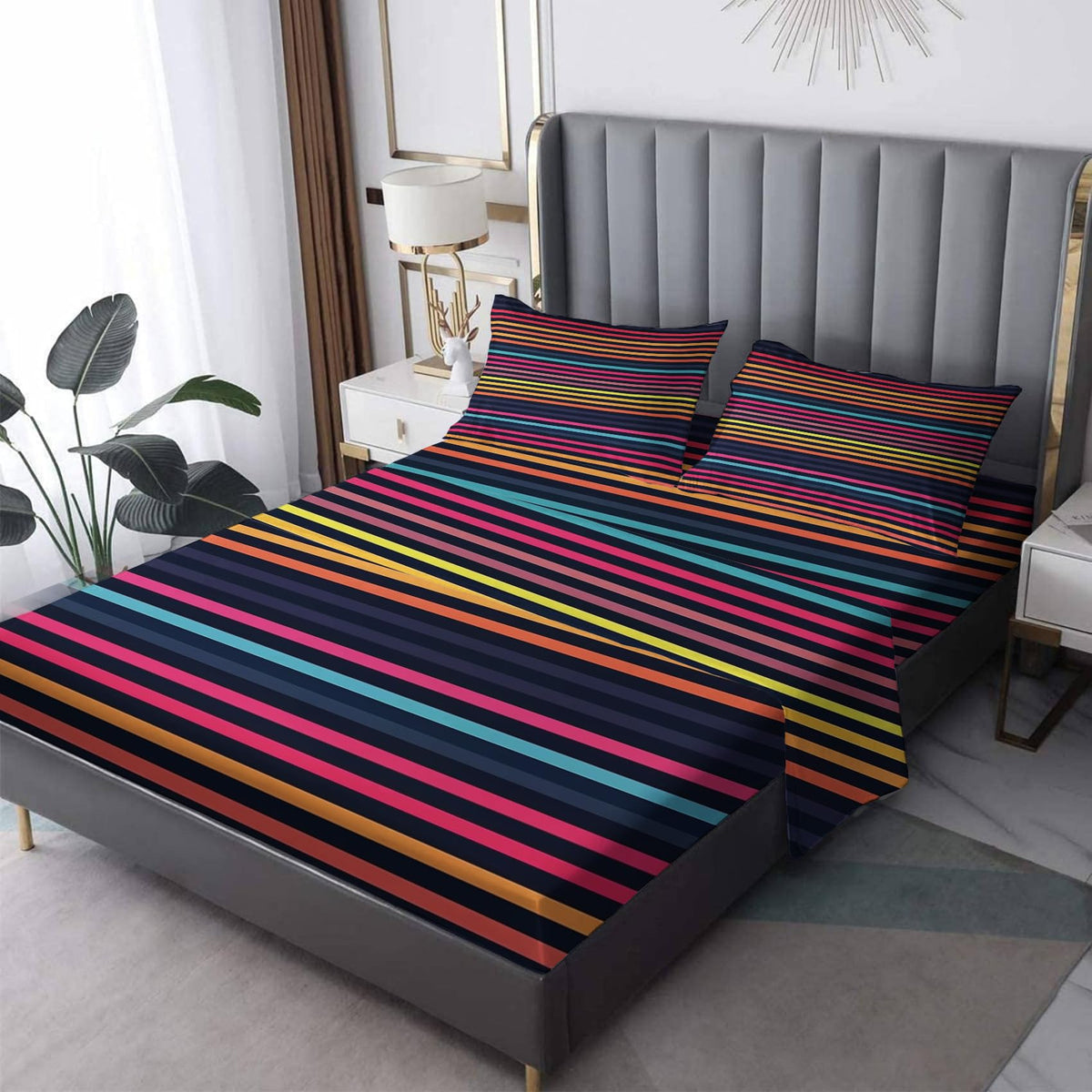 Striped Sheets California King Size, Colorful Bed Sheets, Patterned Bedding Sheets & Pillowcases 4 Piece Set - Soft Microfiber Deep Pocket Fitted Sheet & Flat Sheet & 2 Pillow Cases M&-A267
