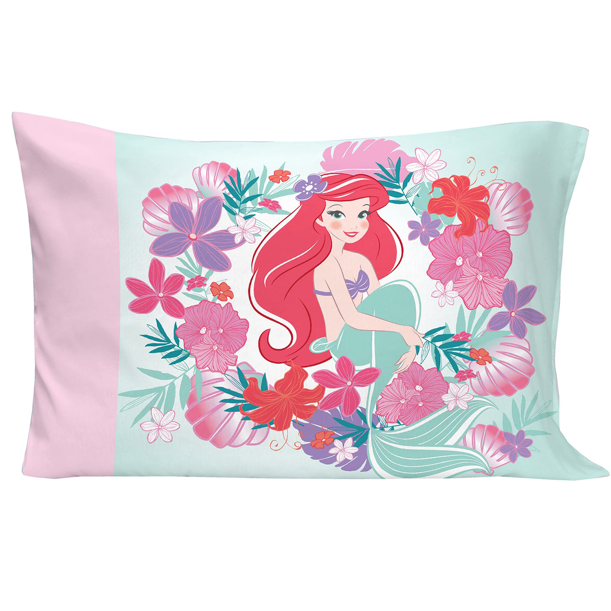 Disney Ariel Sea Garden 4 Piece Toddler Bed Set - Comforter, Fitted Sheet, Flat Top Sheet, Reversible Standard Size Pillowcase, Pink and Aqua