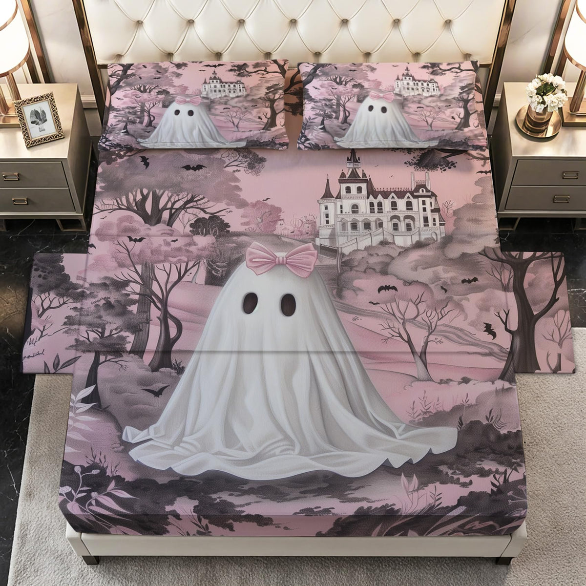 Pink Ghost Sheets Twin Size - Cute Halloween Gothic Spooky Bed Sheet Set - Deep Pocket Soft Microfiber Bedding Set 3 Piece - Fitted Flat Sheet Pillowcase - Pink Ghost Bedroom Decor & Gifts