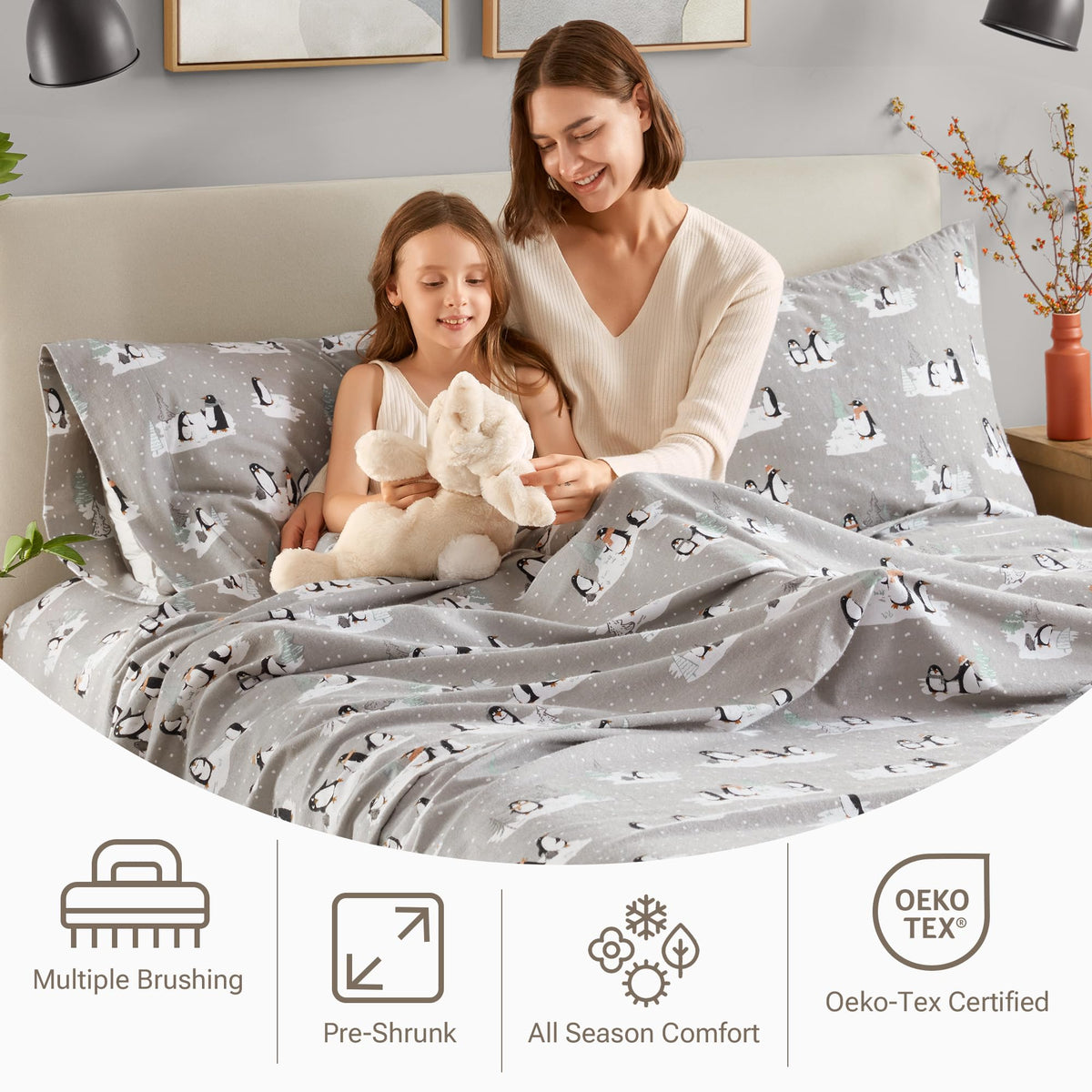 True North by Sleep Philosophy Cozy Flannel Warm 100% Cotton Sheet - Novelty Print Animals Stars Cute Ultra Soft Cold Weather Bedding Set, Queen, Grey Penguins