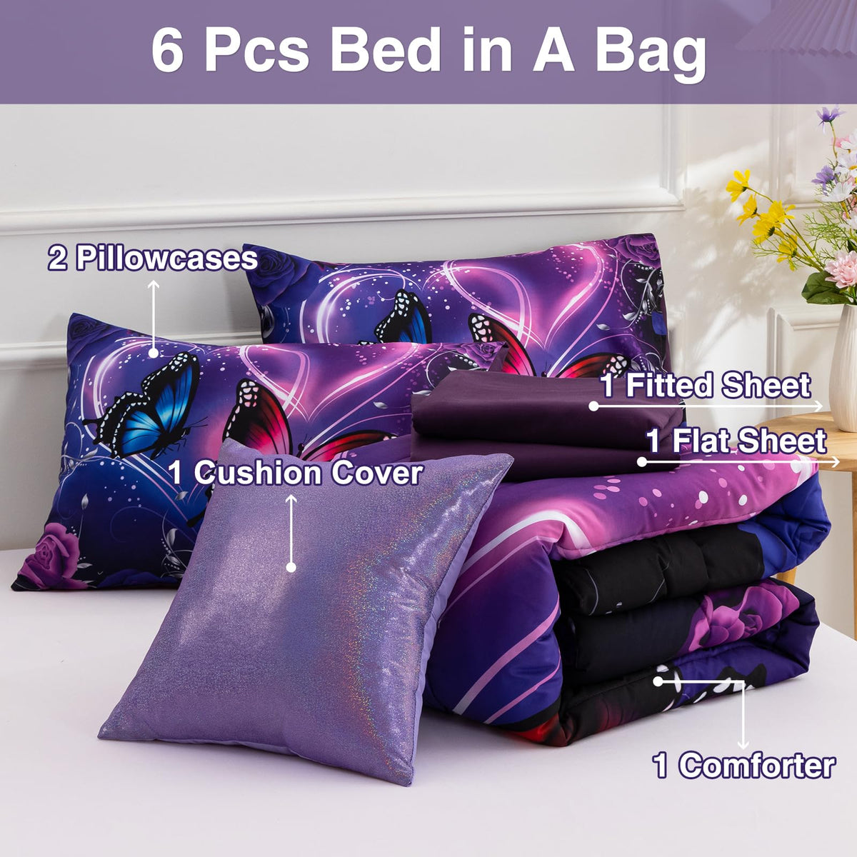 A Nice Night Galaxy 6pcs Bed in A Bag Purple and Blue Dreamy 3D Butterfly Printed, Butterflies Bedding Twin Comforter Set, for Girls Kids Teens