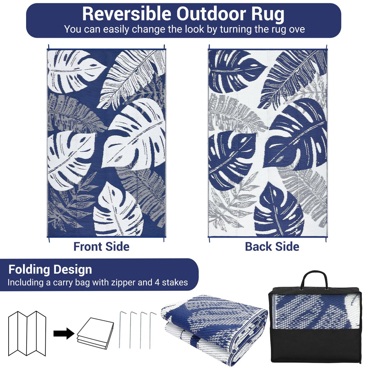 IDEALHOUSE Outdoor Rug 9x18 Ft, Waterproof Plastic Reversible Rug, Modern Leaf Pattern Plastic Camping Mat for Outdoors, RV, Patio, Backyard, Deck, Picnic, Beach, Traile(Dark Blue & White)
