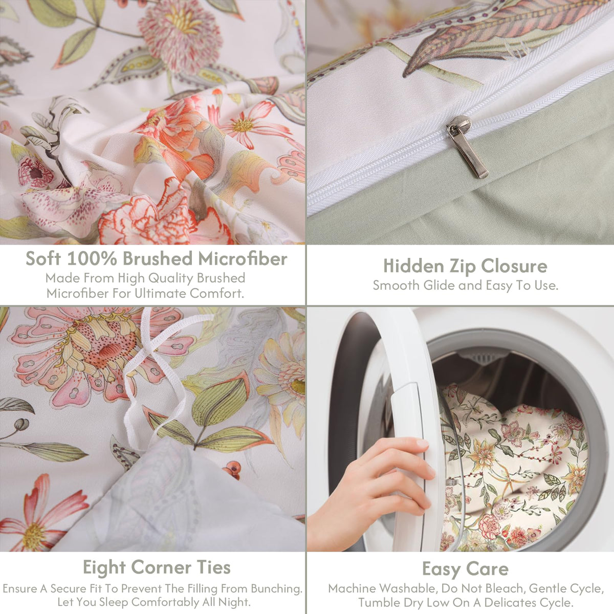 LONAVA Queen Floral 3 Pcs Duvet Cover Set, Breathable Soft Microfiber Glass Green Lining Comforter Cover with Zipper Closure, and 2 Anti-Pilling, Fade Resistant Pillowcases, Fall Floral