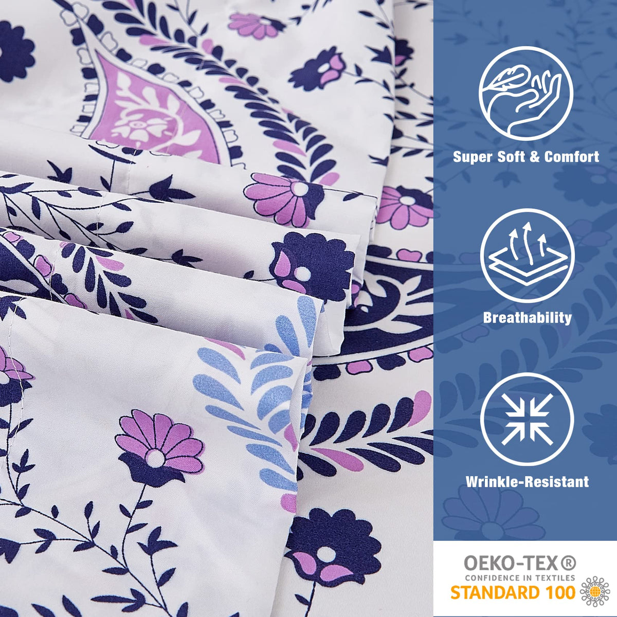 JSD Paisley Floral Printed Sheet Set King Size, 4 Piece Soft Pattern Microfiber Sheets Extra Deep Pocket