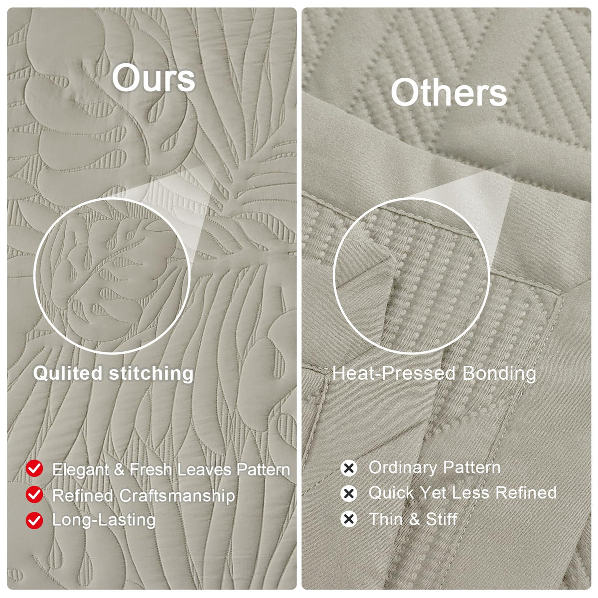DaisyHuang Quilt Set Queen Size -Leaves Pattern Stitching Quilt Set - Elegant & Fresh Style Bedding Coverlets, Ultrasonic Quilting, Reversible, Lightweight, 4 Piece, Taupe