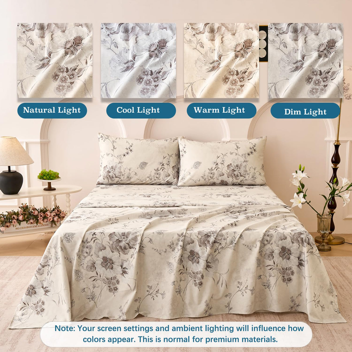 Huborise Beige Queen Sheet Set 100% Cotton Flannel-Like Warm Luxury Peony Toile Floral Bed Sheets 4Pc Deep Pocket 17.5", Double Brushed Extra Soft Breathable, Fall/Winter French Country Bedding