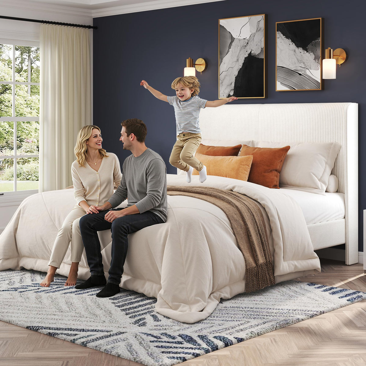 AMERLIFE King Bed Frame, Upholstered Platform Bed with Corduroy Headboard, Easy Assembly Modern White Bed Frame with Wooden Slats Support, No Box Spring Needed