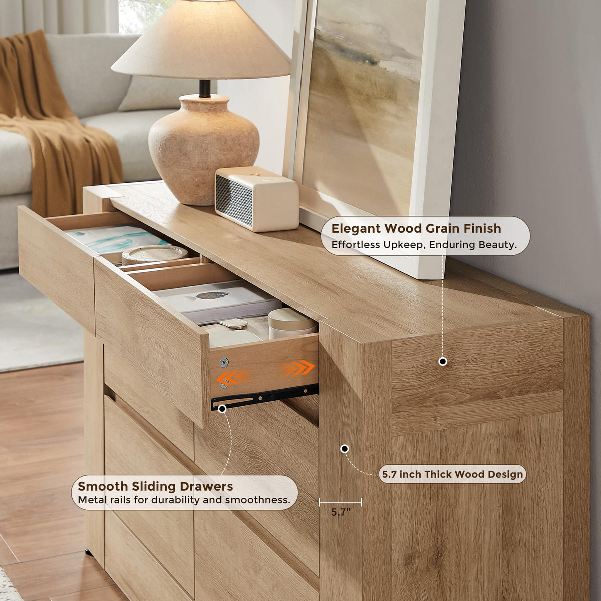 OKD 6 Drawer Dresser for Bedroom, 54" Wide Chest of Drawers with Thick Wood Design, Handleless, Modern Bedroom Dresser, Storage Organizer for Living Room/Entryway/Hallway, Natural Oak