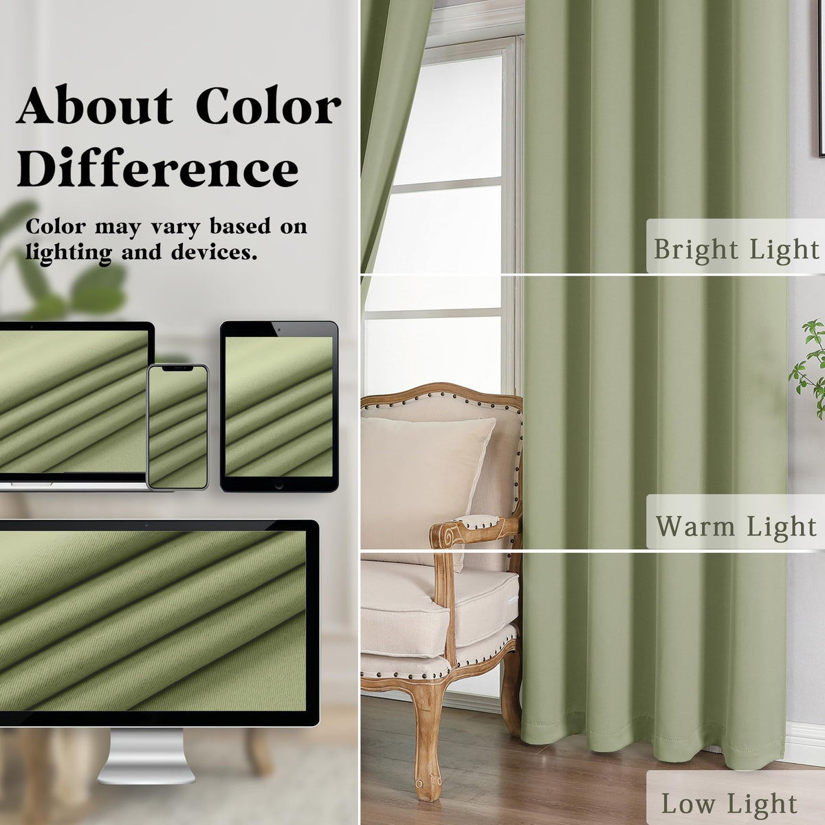 Simplebrand Sage Green Room Darkening Curtains for Bedroom 63 Inch Length 2 Panels Set, Thermal Insulated Energy Saving Curtains for Kids Room, Grommet Solid Nursery Window Treatment Drapes, W40 x L63