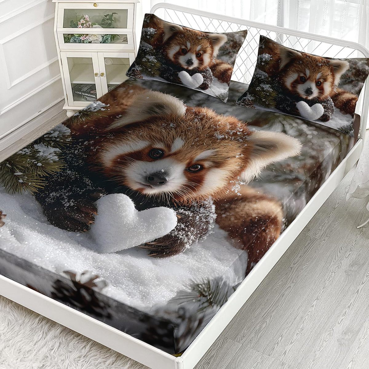 AILONEN Kawaii Red Panda Fitted Sheet Set Full,Lovely Snow Panda Deep Pocket Sheets with 2 Pillowcases,3-Piece Winter Forest Wild Animal Bed Sheet Set for Boys Girls