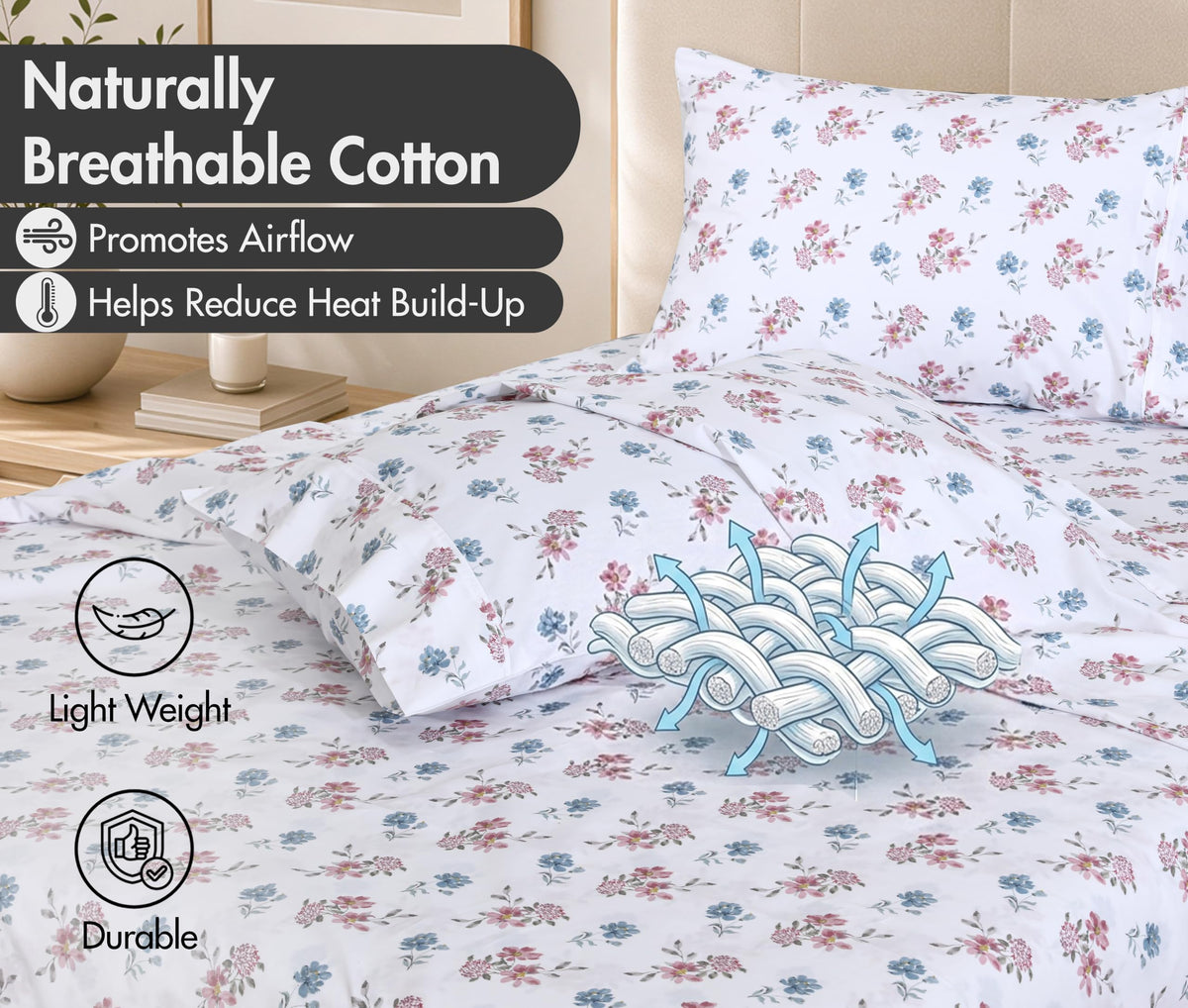 ZOYER 100% Cotton Sheets – Full Size Percale Bedding, Cooling & Breathable, Durable with a Crisp, Soft & Comfortable Feel, 16" Deep Pocket, 4-Piece Set, Flora Rhapsody