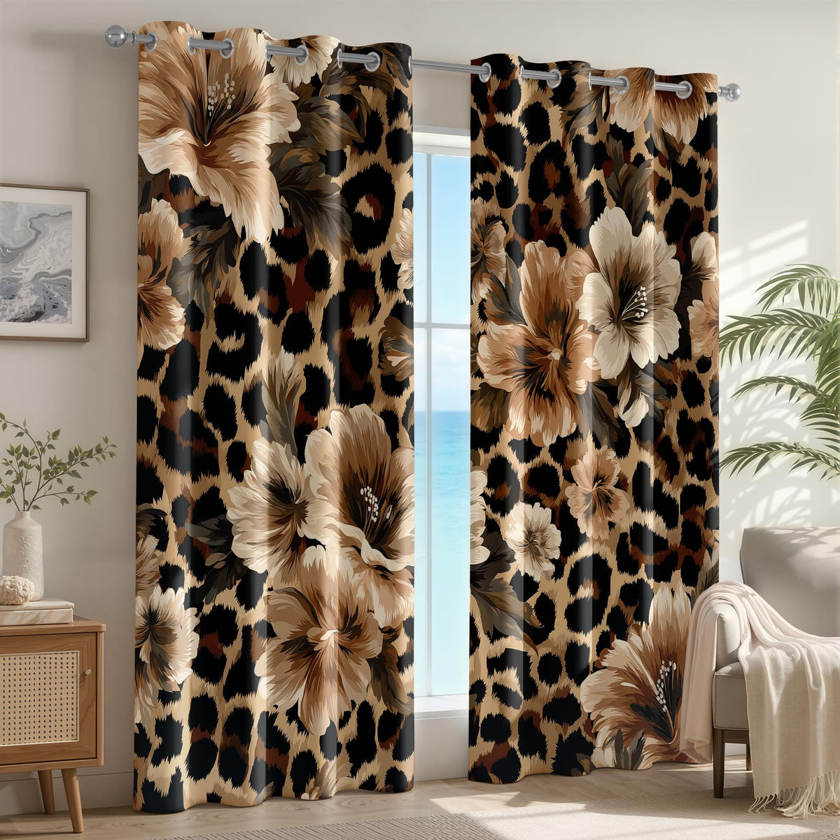 Leopard Print Patterned Curtains Blackout, Thermal Insulated Room Darkening Grommet Drapes for Bedroom Living Room, 84 Inch Curtains 2 Panel Set, Tropical Floral Cheetah Wild Animal Window Treatments