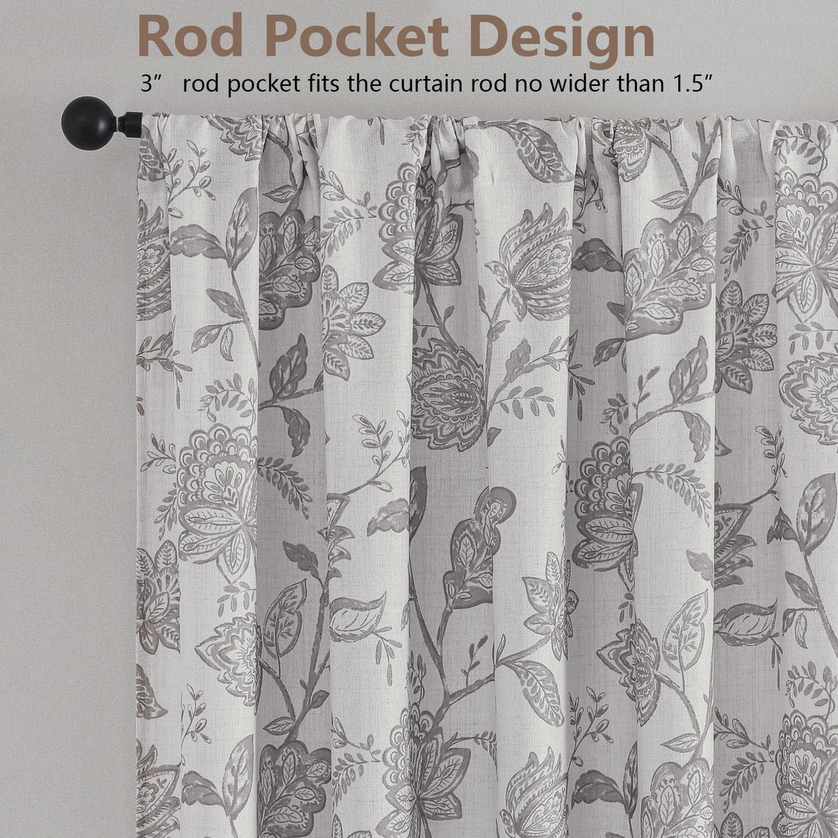 Ebesto Floral Curtains 63 Inch Length - Light Filtering Faux Linen Flower Printed Window Curtains for Bedroom, Rod Pocket No-See Through Privacy Drapes, 2 Panels, Each 40Wx63L Inches, Grey