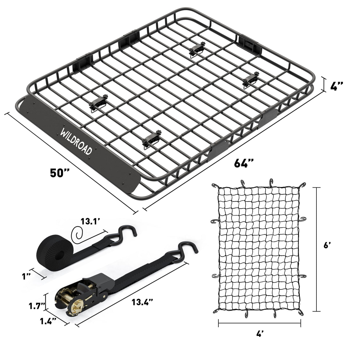 Wildroad Roof Rack Cargo Basket, Upgraded 4” Fence Wide Car Roof Basket, 64"x 50"x 4" Universal Car Top Carrier Basket with Super Duty Bungee Cargo Net and Ratchet Straps Fits for SUV Truck Cars