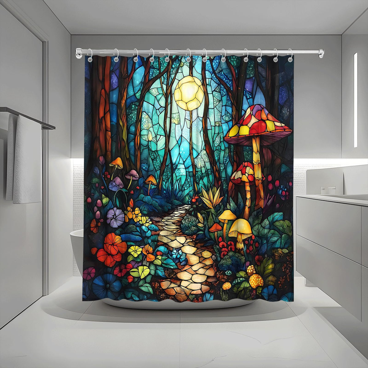 Fantasy Forest Shower Curtain Stained Glass Fairy Garden Mushroom Full Moon Wonderland Wood Tale Tree Magical Spring Floral Bath Curtain Fabric Bathroom Accessories Decor with Hooks (70.00"LX70.00"W)