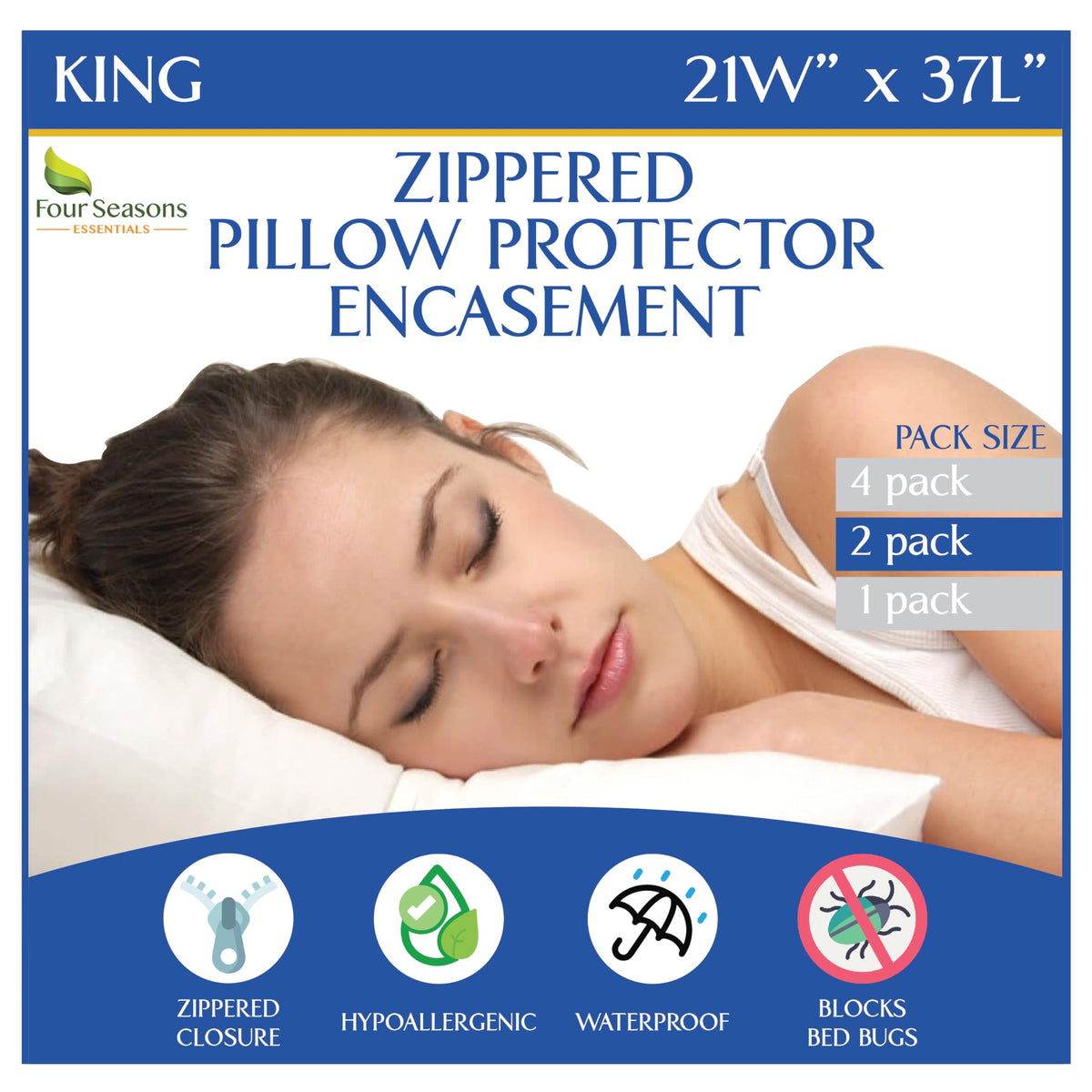 Four Seasons Essentials Waterproof King Pillow Protectors (Set of 2) – Zippered Pillow Cover Hypoallergenic Dust Allergy Proof Encasement