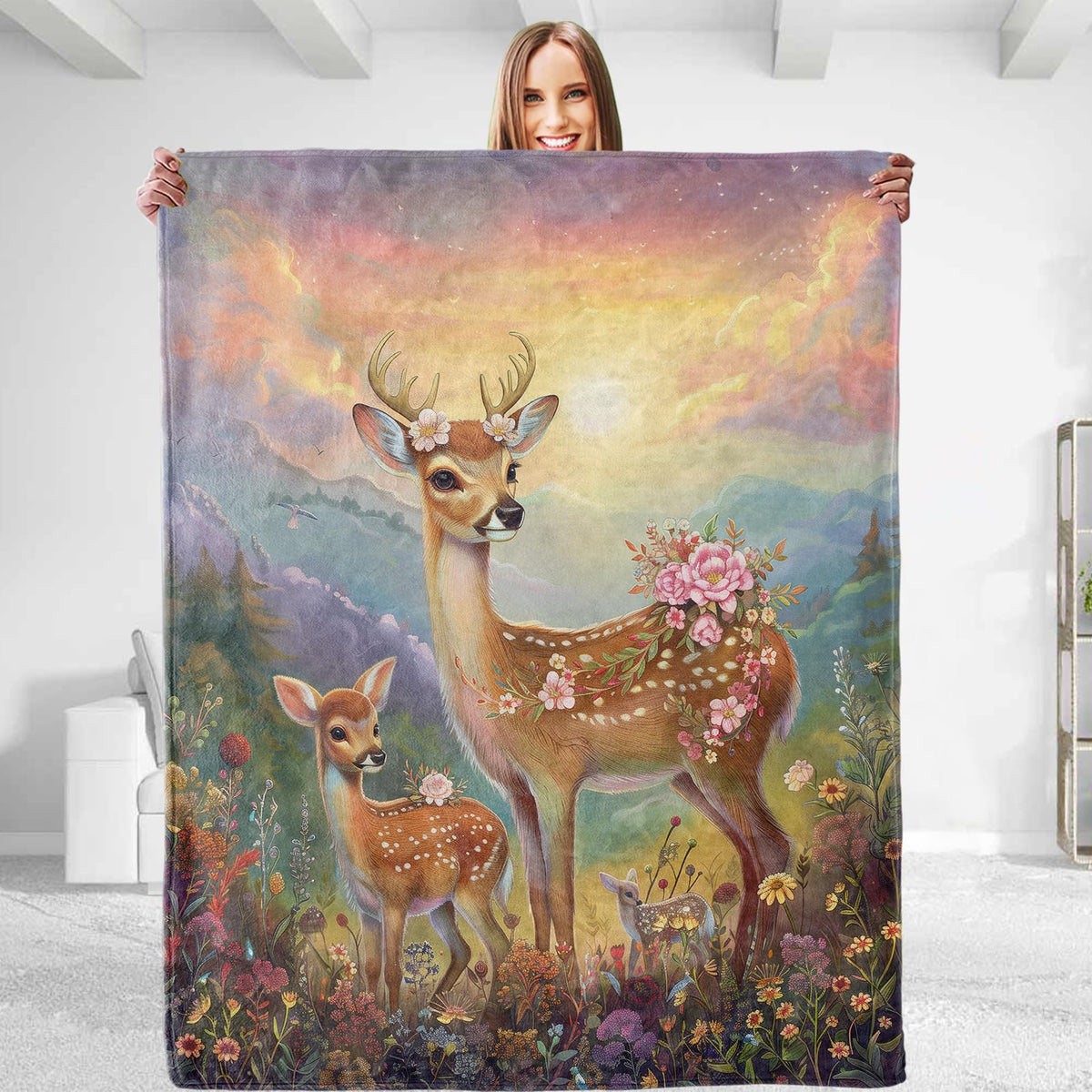 Deer Family Throw Blanket - Soft Plush, Lightweight, Warm, Fuzzy Anti-Pilling Flannel Blanket for Bedroom, Couch, Travel, Sofa - Comfy 50in×60in