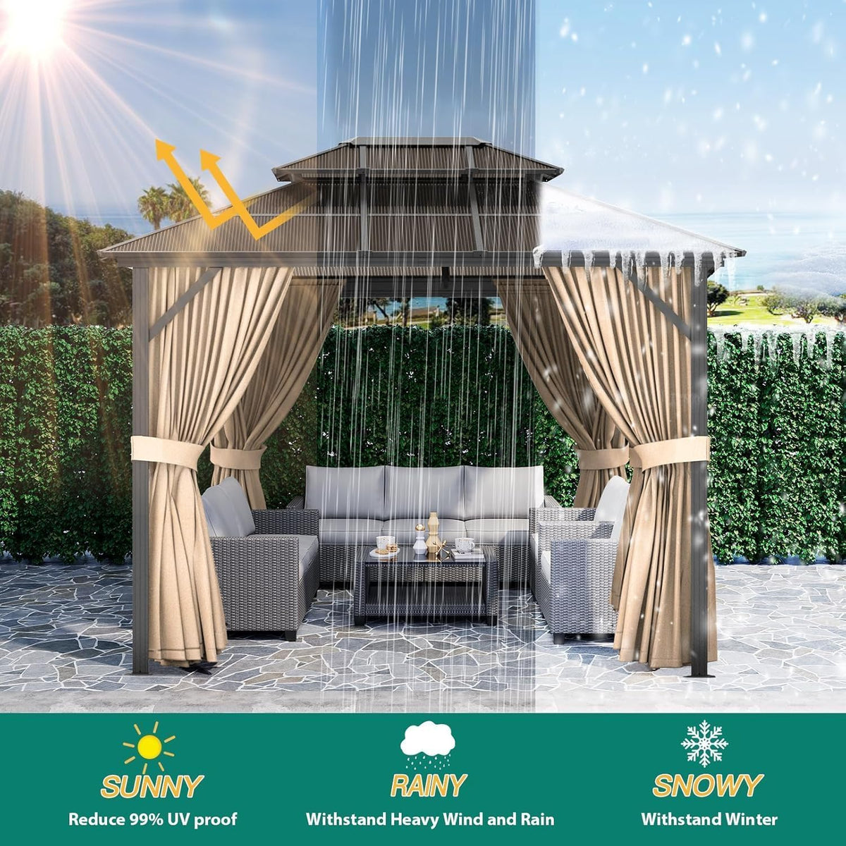 10'X13' Hardtop Gazebo, Outdoor Polycarbonate Double Roof with Curtains and Netting, Aluminum Frame Sunshade for Patio, Garden and Lawn