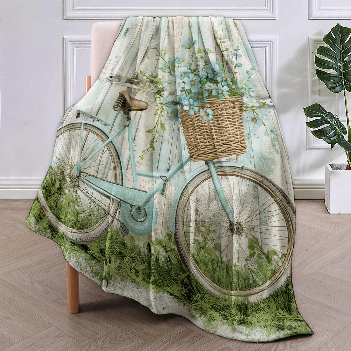 Blue Retro Bike Blanket Gifts for Women Girls Soft Warm Lightweight Cozy Plush Art Farmhouse Flower Basket Throw Blankets for Bedroom Living Room Sofa Home Decor 60"x50"