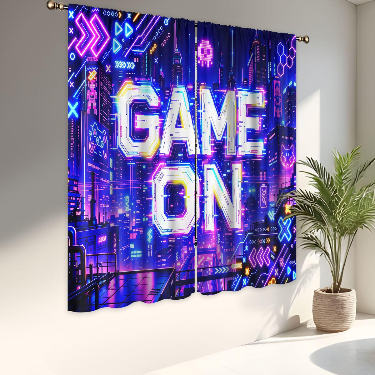 LIGHTINHOME Neon Game Curtains 42Wx63H Inch Boys Modern City Night Video Games Boys Cool Game On Urban Gaming Quotes Skulls Rod Pocket Bedroom Living Room Window Drapes Treatment Fabric 2 Panels
