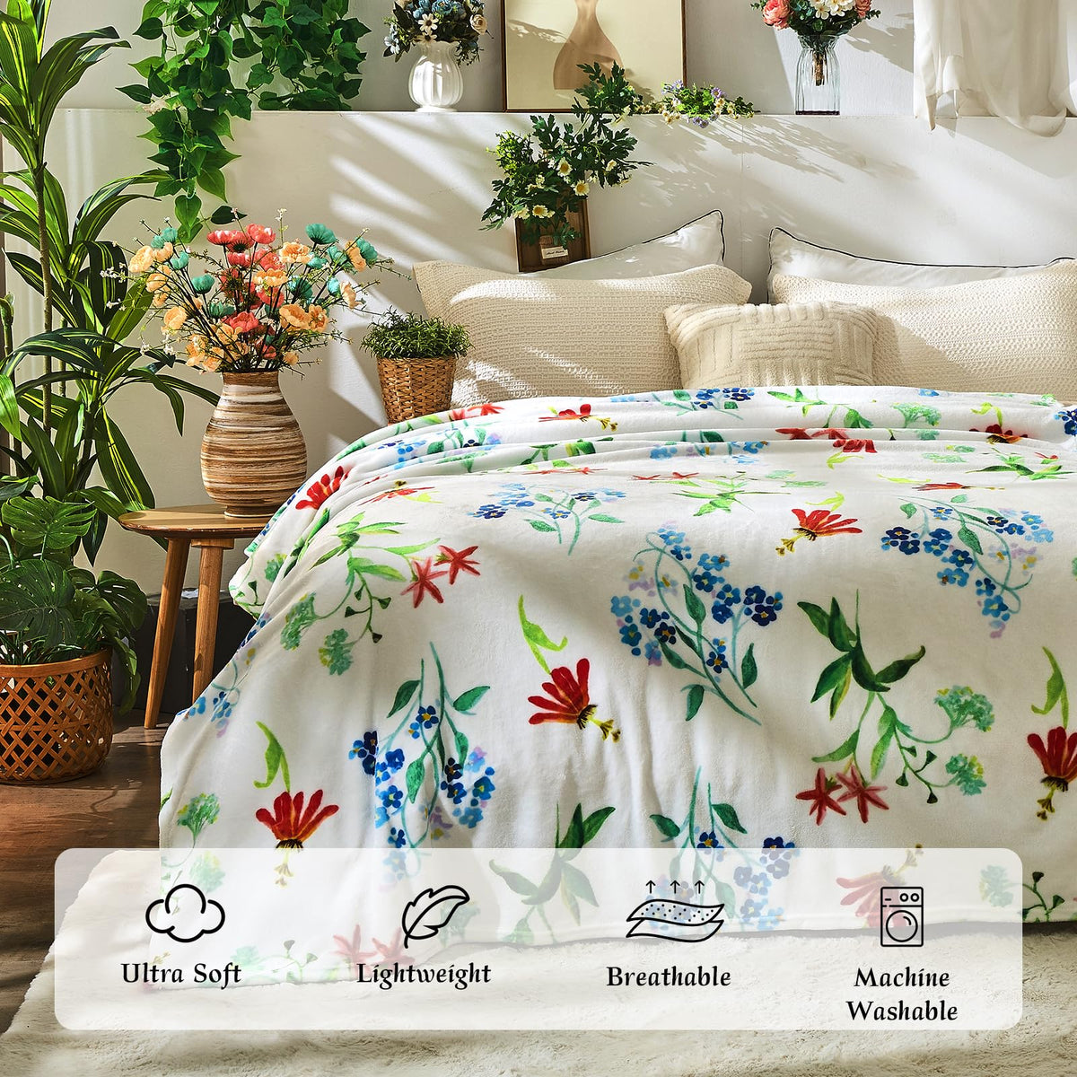 Jameswish Floral Throw Blanket Birthday Gift for Women Mom Girls Flowers Blanket Summer Wildflower Flannel Blanket Watercolor Printed Throw for Couch Sofa Bed Chair 50"x60"
