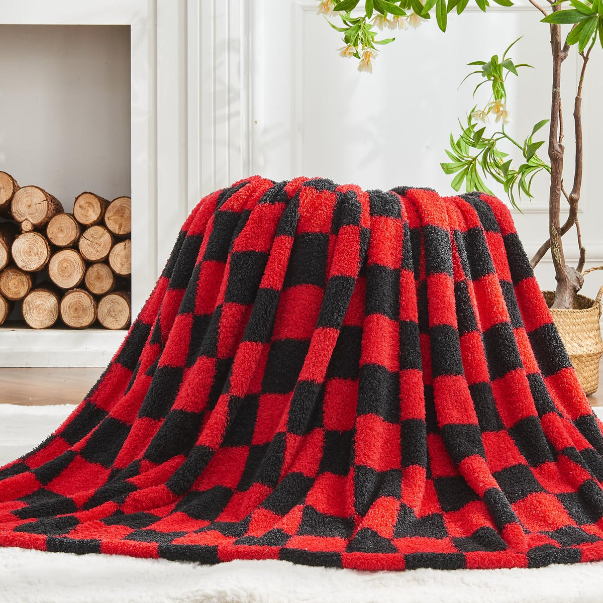 NEWCOSPLAY Knitted Red Black Checkered Blanket Super Soft Plush Throw for Couch Fuzzy Fluffy Microfiber Lightweight Blanket for Bed Sofa All Season Use (Red Black, Throw(50"x60"))