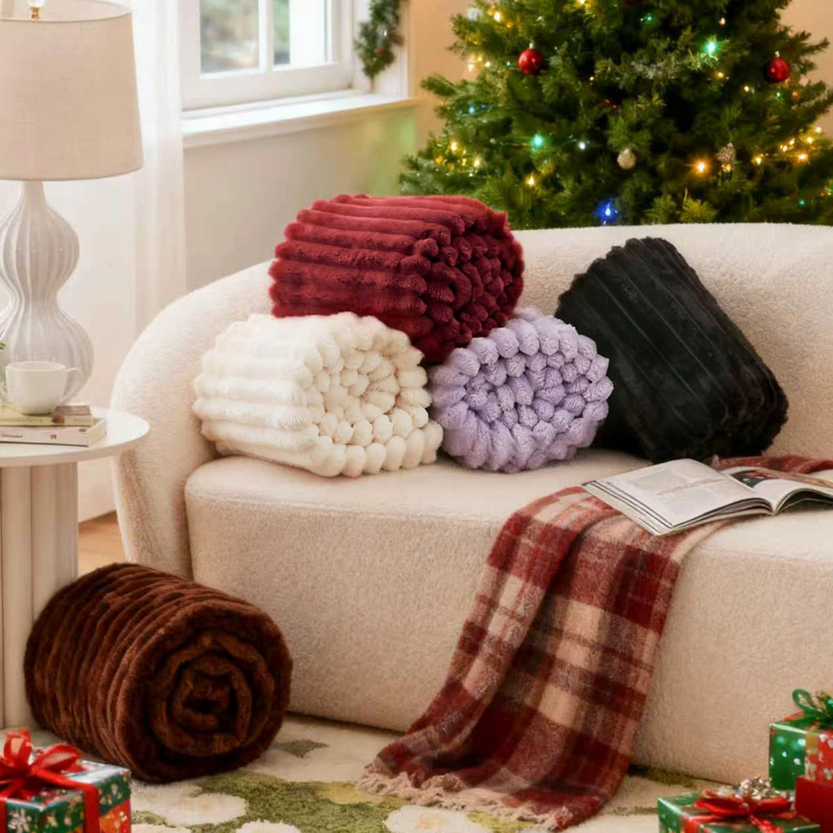 EXQ Home Fleece Throw Blanket for Couch or Bed - 3D Stripe Jacquard Decorative Blankets - Cozy Soft Lightweight Fuzzy Flannel Blanket Suitable for All Seasons(50"×60",Light Purple)