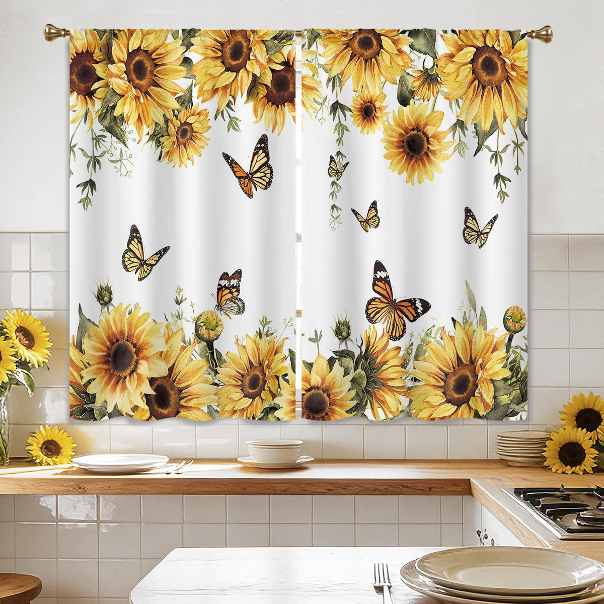 Cizuug Sunflower Yellow Floral Kitchen Curtain Rustic Country Flower Butterfly Farmhouse Over Sink Small Short Cafe Tier Bright Window Drapes Bathroom Home Decor 2 Panels