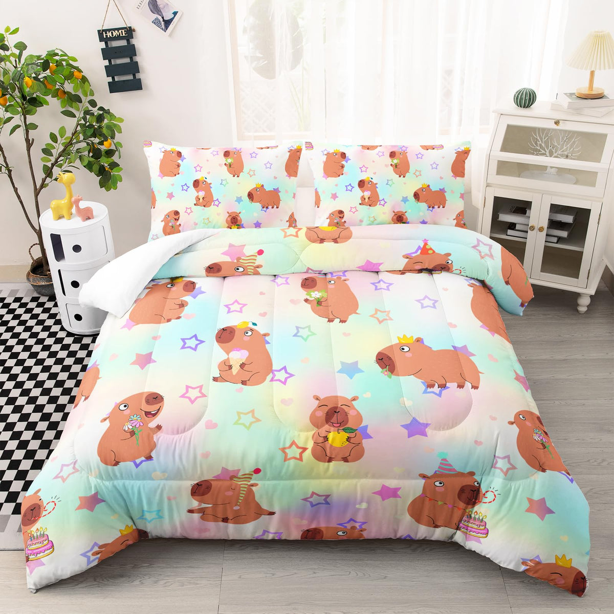 AILONEN Kawaii Capybara Comforter Set Queen Size,Cute Cartoon Capybara Rainbow Bedding Set for Girls Kids,Lovely Animal Star Quilt & 2 Pillowcases-3 Pieces