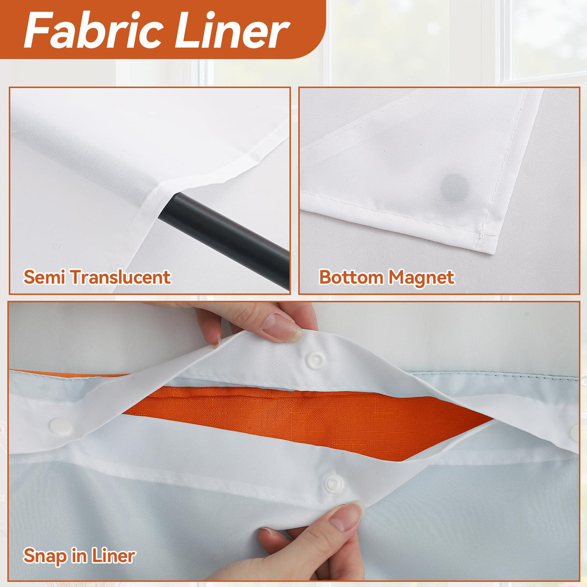 Blotixn Fall No Hook Slub Textured Shower Curtain with Snap in Fabric Liner, Modern Hotel Style with See Through Top Window, Orange Fabric Outer Curtain & Waterproof Inner Liner, 72 * 75 in