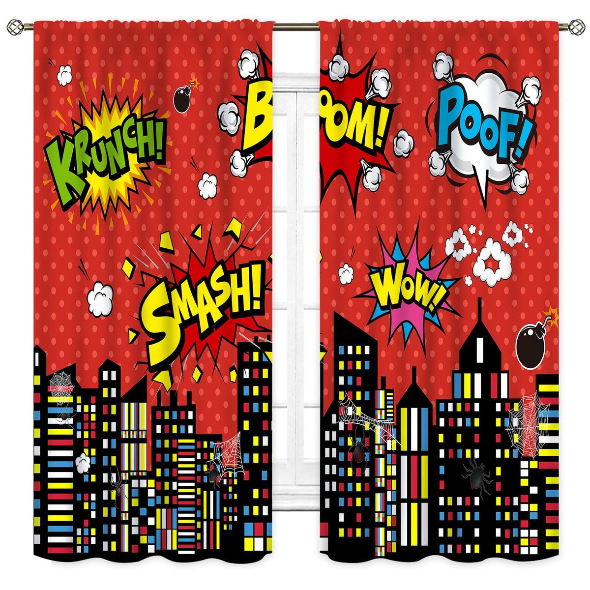 Superhero City Curtains for Boys Kids Teens, Red Spider Web Cityscape Buildings Cartoon Comic Blackout Window Curtains for Baby Room Bedroom Living Nursery 2 Panel Sets, 42"x45" Inch