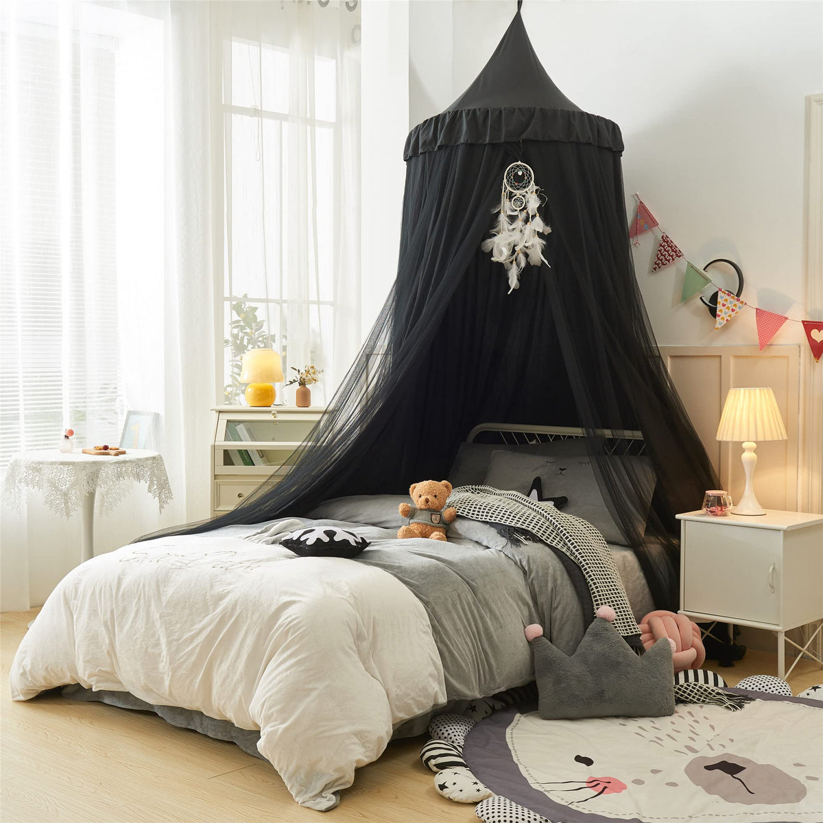 VETHIN Bed Canopy for Girls,Princess Round Dome Dreamy Mosquito Net Bedding Girls Room Castle Play Tent Hanging House Decor Reading Nook Canopies (Black/Black)