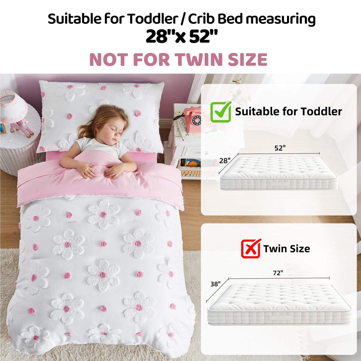 CotComf Toddler Bedding Set for Girls 4-Piece Pink Boho Tufted Daisy Flowers Toddler Comforter Set Bed-in-a-Bag Toddler Sheets Bedroom Set with Toddler Comforter, Flat Sheet, Fitted Sheet, Pillowcase