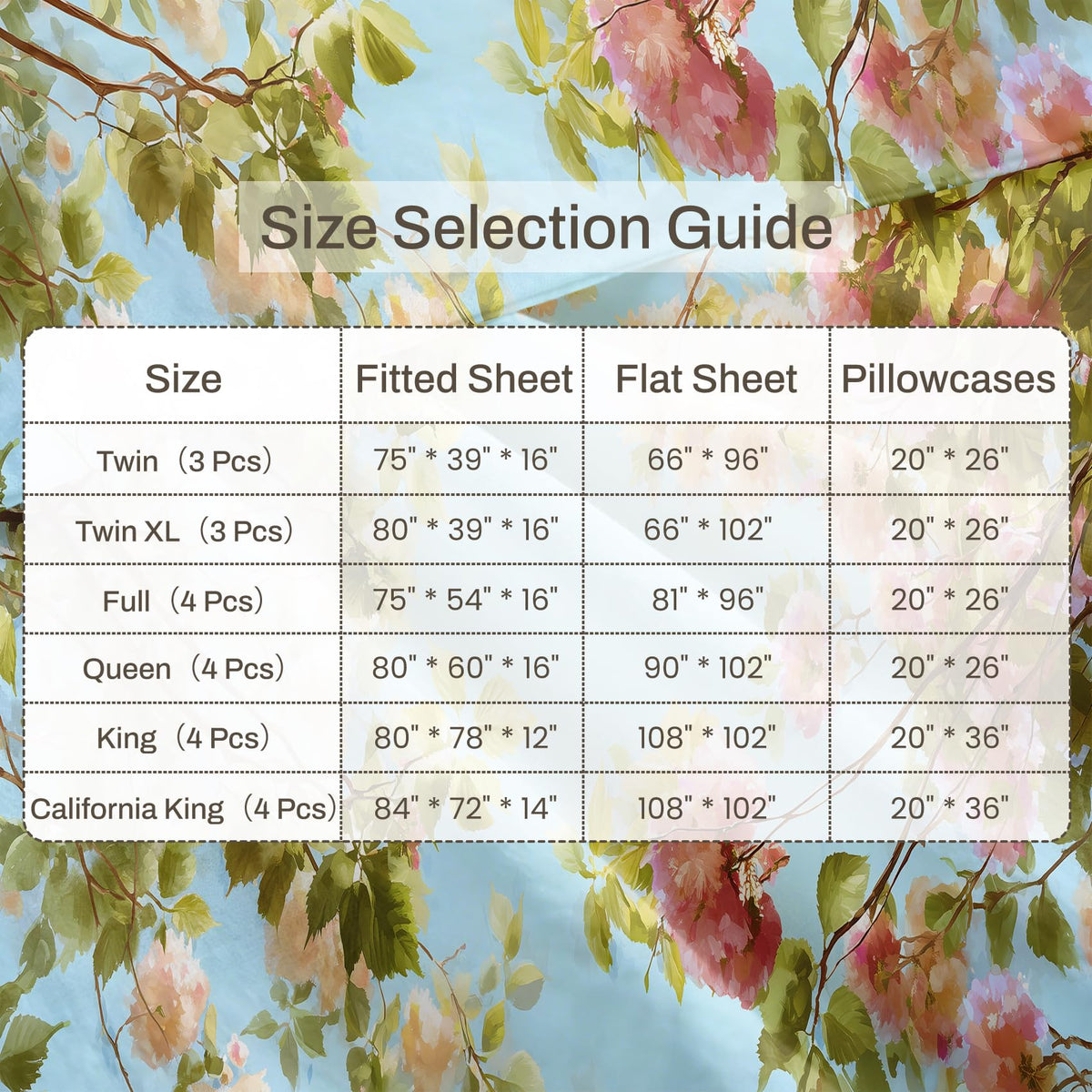Spring Flower Bedding Set 4 Pcs Blue Sky Floral California King Sheets