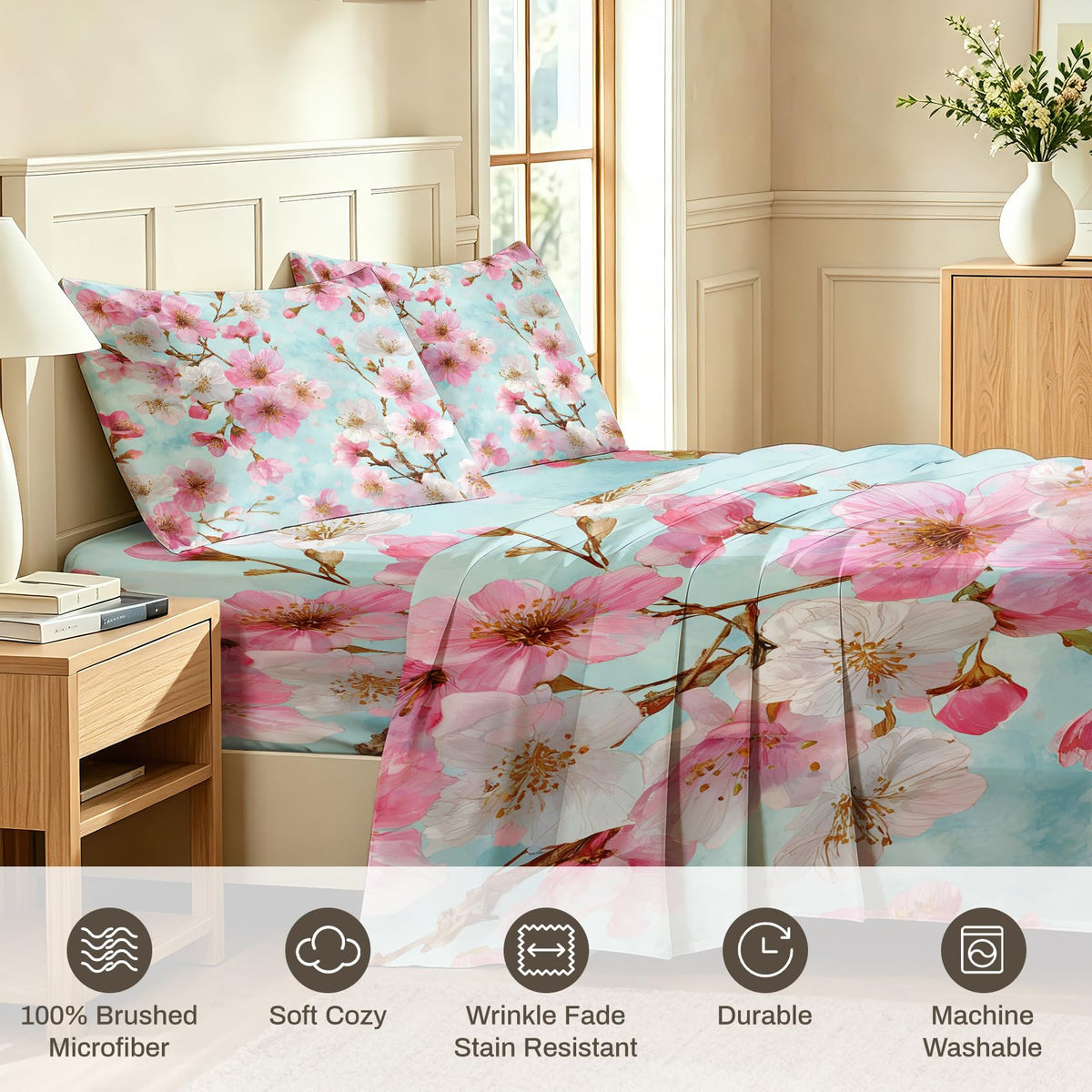 Cherry Blossom Full Bedding Set Spring Floral Sheet Sets