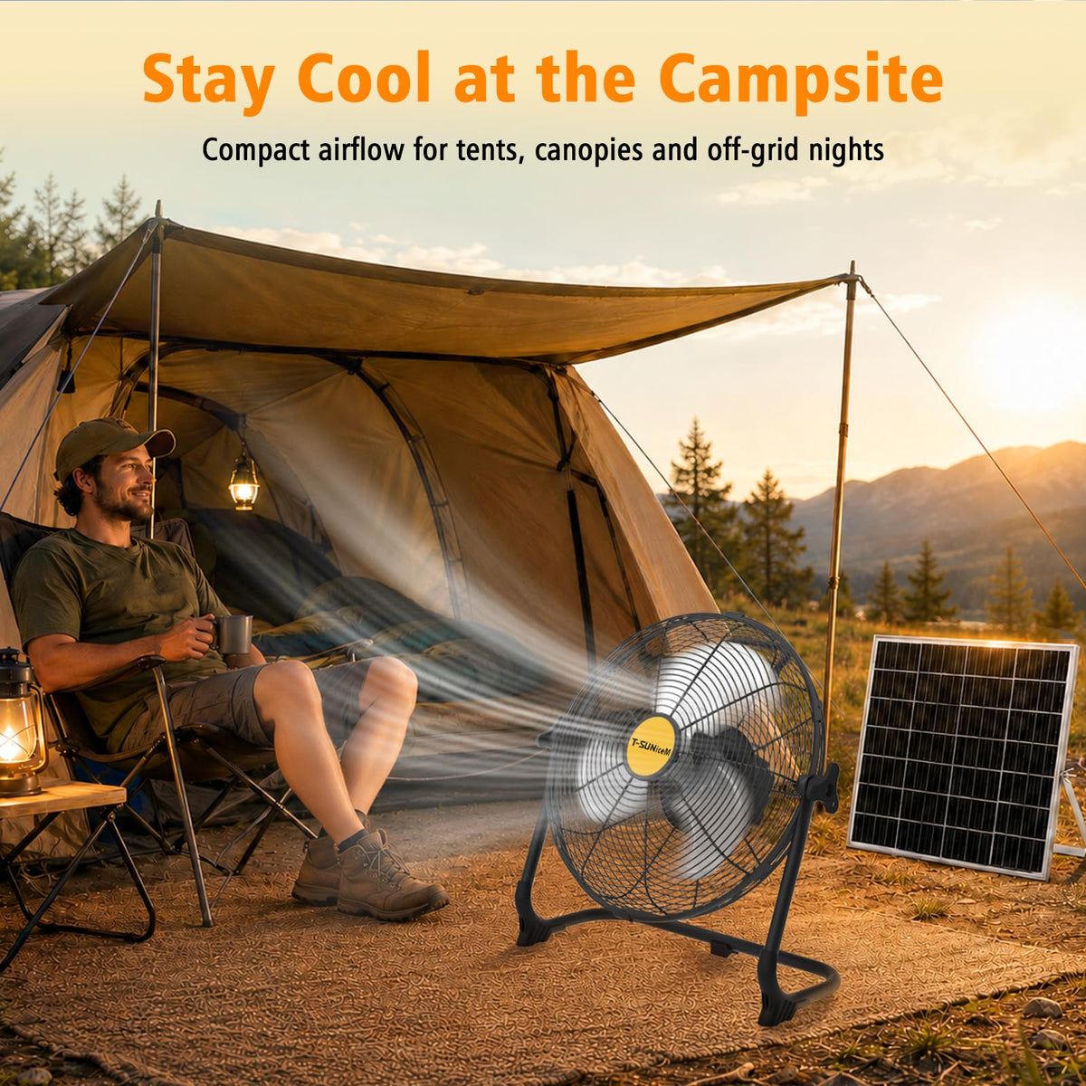 T-SUNiceM 12" Solar Powered Fan for Tent Camping, RV Trips & Patio, Rechargeable Cordless Floor Fan with Solar Panel, USB Output for Bedside Backup, Porch, Greenhouse, Chicken Coop