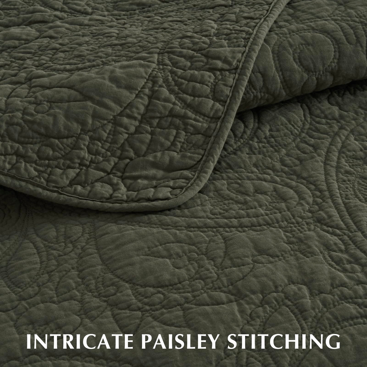 EVERGRACE 100% Cotton Paisley Quilt Set, Queen Size 3 Piece Set – Prewashed Lightweight Bedspread with 2 Shams, Soft & Breathable Matelasse-Style Quilted Coverlet, Olive Green
