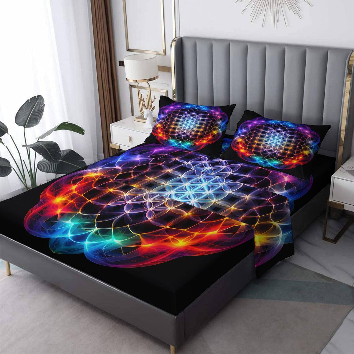 THYUNQ Chakra Split King Sheets Sets for Adjustable Bed, Spiritual Pattern Sheet Set - 16 Inch Deep Pocket, Super Soft Microfiber Printed Bedding Sheets & Pillowcases 5 Piece
