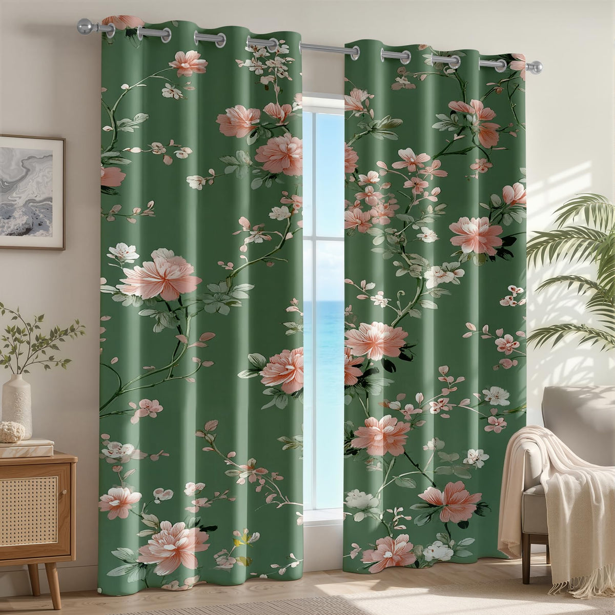 Vintage Floral Patterned Blackout Curtains for Bedroom Living Room, 63 Inch Curtains 2 Panel Set, Thermal Insulated Room Darkening Grommet Drapes, Farmhouse Green Pink Flower Botanical Treatments