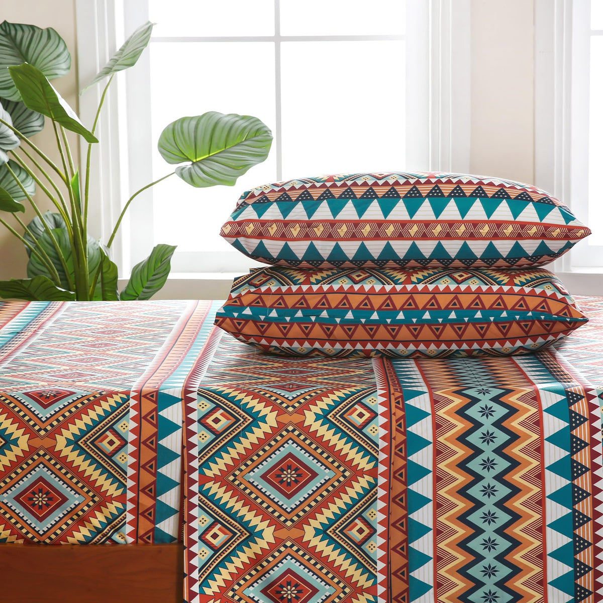 CozySmile 4 Pieces Queen Sheet Set Bohemian, Boho Sheets Soft Microfiber Deep Pocket, Western Sheets Geometric(Queen, Rust Turquoise Diamond)