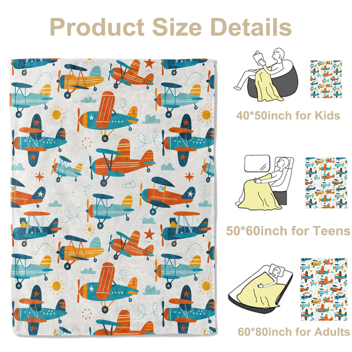 Playful Airplane Throw Blanket, Lightweight Warm Flannel Blankets, Home Decor and Gifts, Soft Cozy Throws for Women Boys Kids, 50"X60" for Bed Couch Travel Office